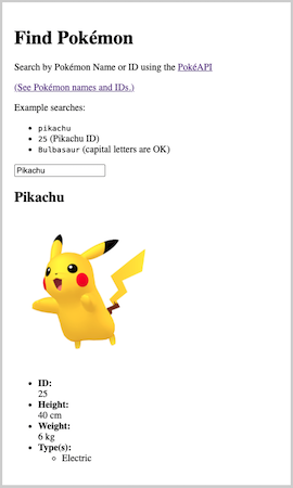 Searching for Pikachu while using the PokéAPI