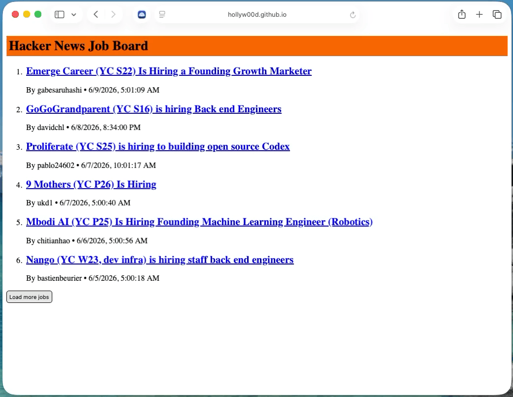 Hacker News Job Board React app in action