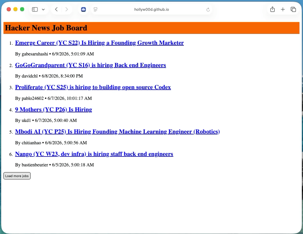 Hacker News Job Board React app using VoiceOver screen reader on a Mac with Safari browser